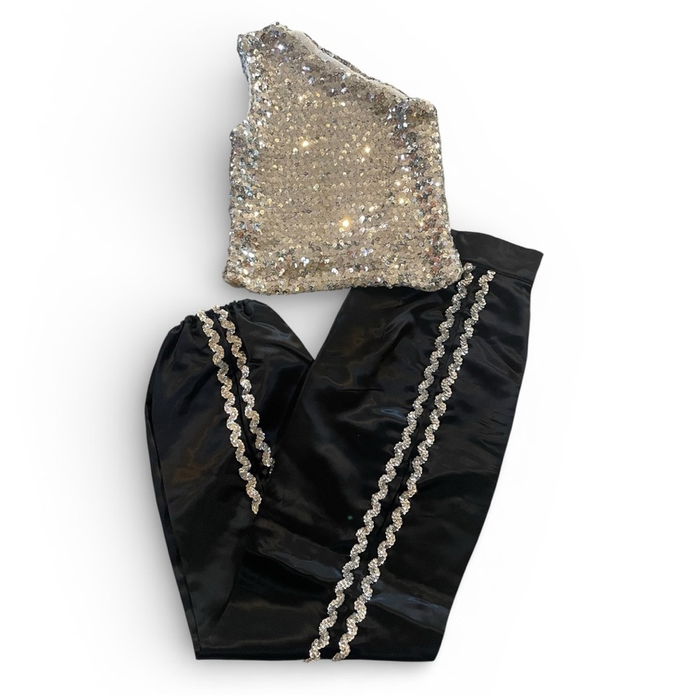 Sequin Silver Top and Black Satin Pants with slits on side. costume
